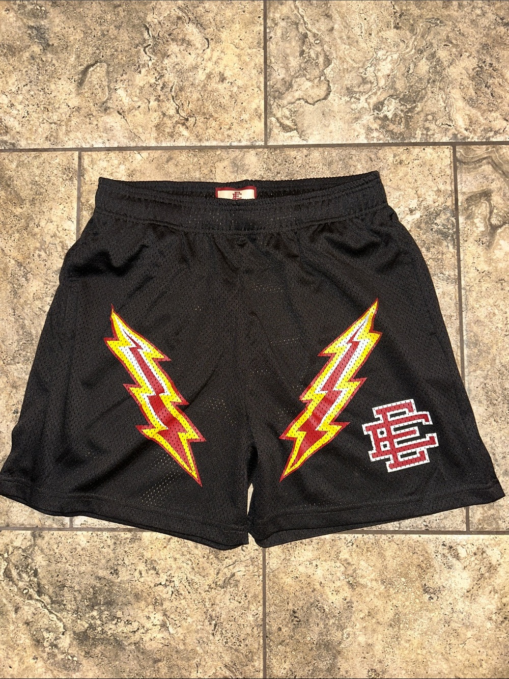 Eric Emanuel EE Men's Athletic Shorts with Red & Yellow Lightning Design